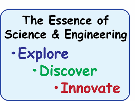 A rectangular, blue-gray sticker with a dark blue border. The sticker is available in two sizes: 1.9" x 3" and 2.68" x 4" The text which in black reads: "The Essence of Science & Engineering." Staggered underneath are three words: "Explore" in dark blue; "Discover" in green; and, "Innovate" in red.