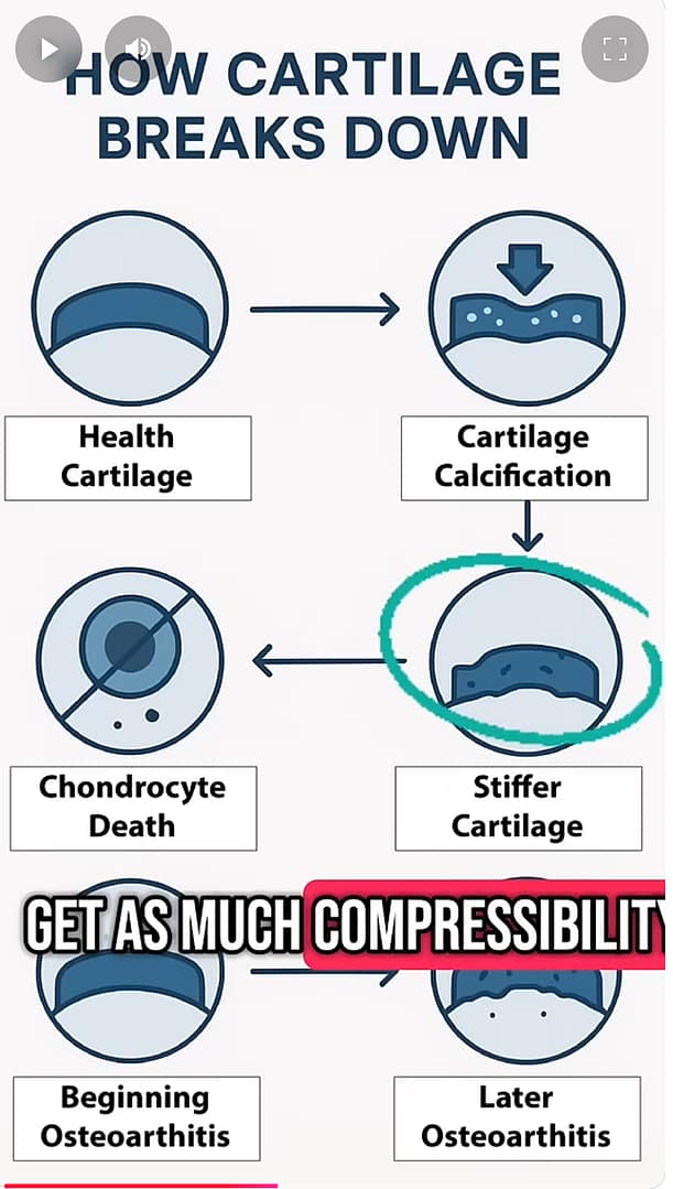 Illustration showing the gradual breakdown of knee cartilage.