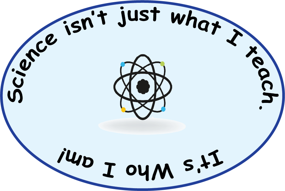 Science Teacher Identity BllueGray - Science Glen Oval, blue-gray sticker with blue border. 2" x 3". The text wraps around the oval and reads: "Science isn't just what I teach." on the top and "It's who I am!" upside down on the bottom.  There is an illustration of an atom with circling electrons in the Bohr-type orbits.Â